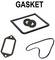 Dichtungssatz mit rechteckigem, ovalem und kreisförmigem Dichtungen, beschriftet mit 'Gasket'.
