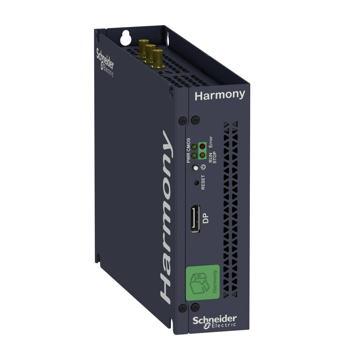 Ein 'Harmony' Industrie-Computer von Schneider Electric, schwarz mit grüner USB-Anschluss, Lüftungsöffnungen und Statusleuchten.