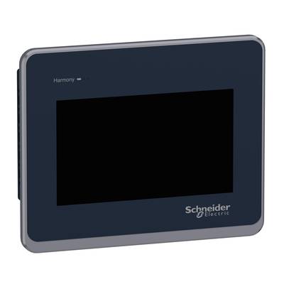 Ein digitales Display-Gerät von Schneider Electric mit schwarzem Bildschirm, Modellbezeichnung 'Harmony', in grauem Gehäuse.
