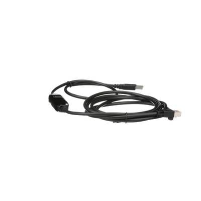 Ein schwarzes USB-Kabel mit zwei verschiedenen Steckertypen, das zur Verbindung von Geräten verwendet wird.