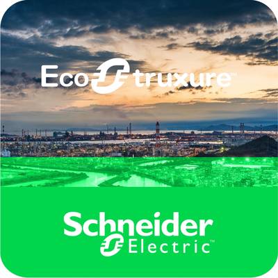 Stimmungsvoller Sonnenuntergang über einem Industriehafen. Logo und Schriftzug 'EcoStruxure' und 'Schneider Electric' sind sichtbar.