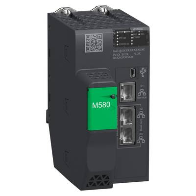 Ein Modicon M580, ein programmierbarer Automatisierungscontroller, mit Netzwerkanschlüssen und QR-Code auf der Vorderseite.