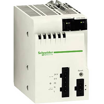 Ein weißes elektrisches Gerät von Schneider Electric mit zwei großen Anschlüssen unten und einem grünen Logo auf der Vorderseite.