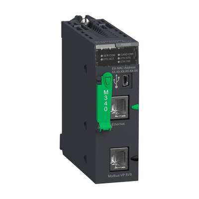 Ein Kommunikationsmodul mit Ethernet-Anschlüssen für industrielle Automatisierung, gekennzeichnet mit 'M340', geeignet für Modbus-Netzwerke.