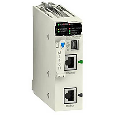 Ein weißes elektronisches Modul mit Ethernet- und Modbus-Anschlüssen, LED-Anzeigen oben. Es wird in industriellen Netzwerken verwendet.