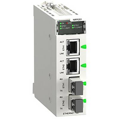 Ein Ethernet-Modul mit zwei RJ-45-Ports und zwei Glasfaser-Schnittstellen, LED-Anzeigen oben zeigen den Verbindungsstatus an.
