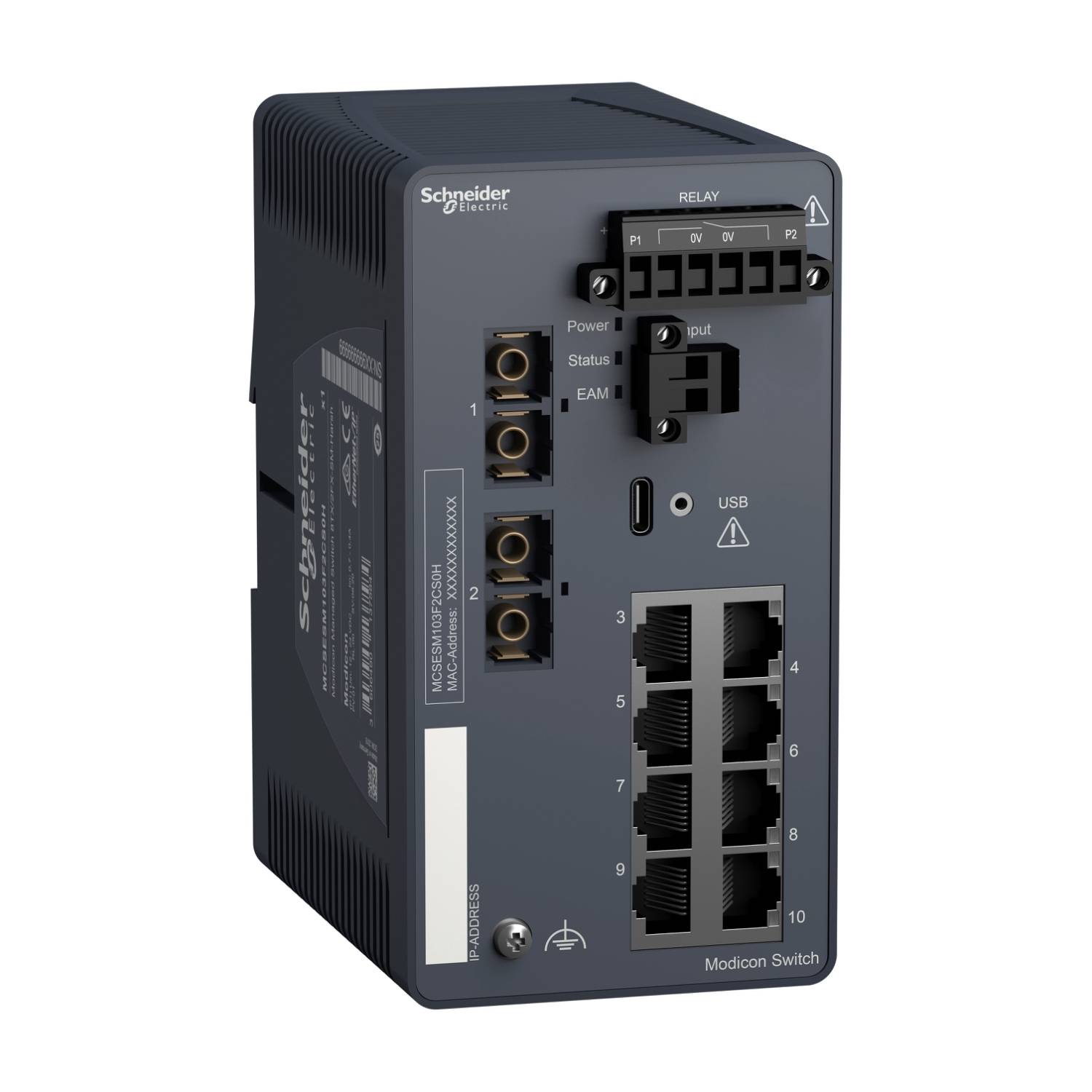 Ein schwarzer Modicon-Switch von Schneider Electric mit mehreren Ethernet-Anschlüssen, USB-Anschluss und Statusanzeigen vorne.
