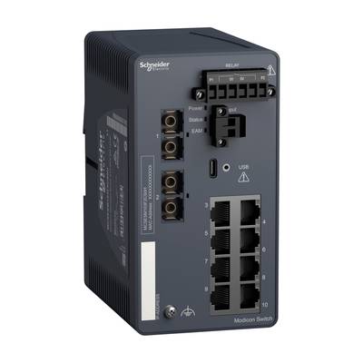 Ein schwarzer Modicon-Switch von Schneider Electric mit mehreren Ethernet-Anschlüssen, USB-Anschluss und Statusanzeigen vorne.