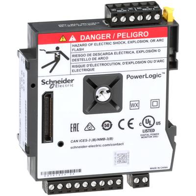Programmierbares Leistungsüberwachungsgerät von Schneider Electric mit Warnhinweisen zur elektrischen Gefährdung, Markenlogos und Kontaktinformationen.