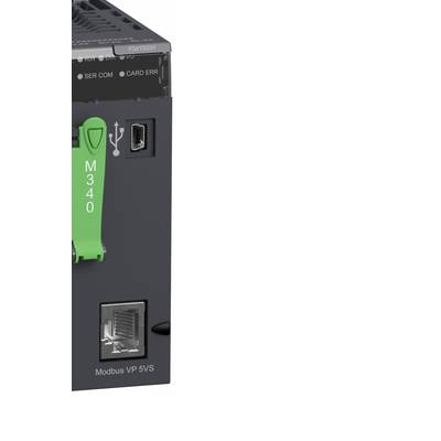 Industrielles Steuergerät, schwarzes Gehäuse, grüne Komponente mit 'M340'-Aufschrift, Anschlüsse für USB und Netzwerkkabel sichtbar.