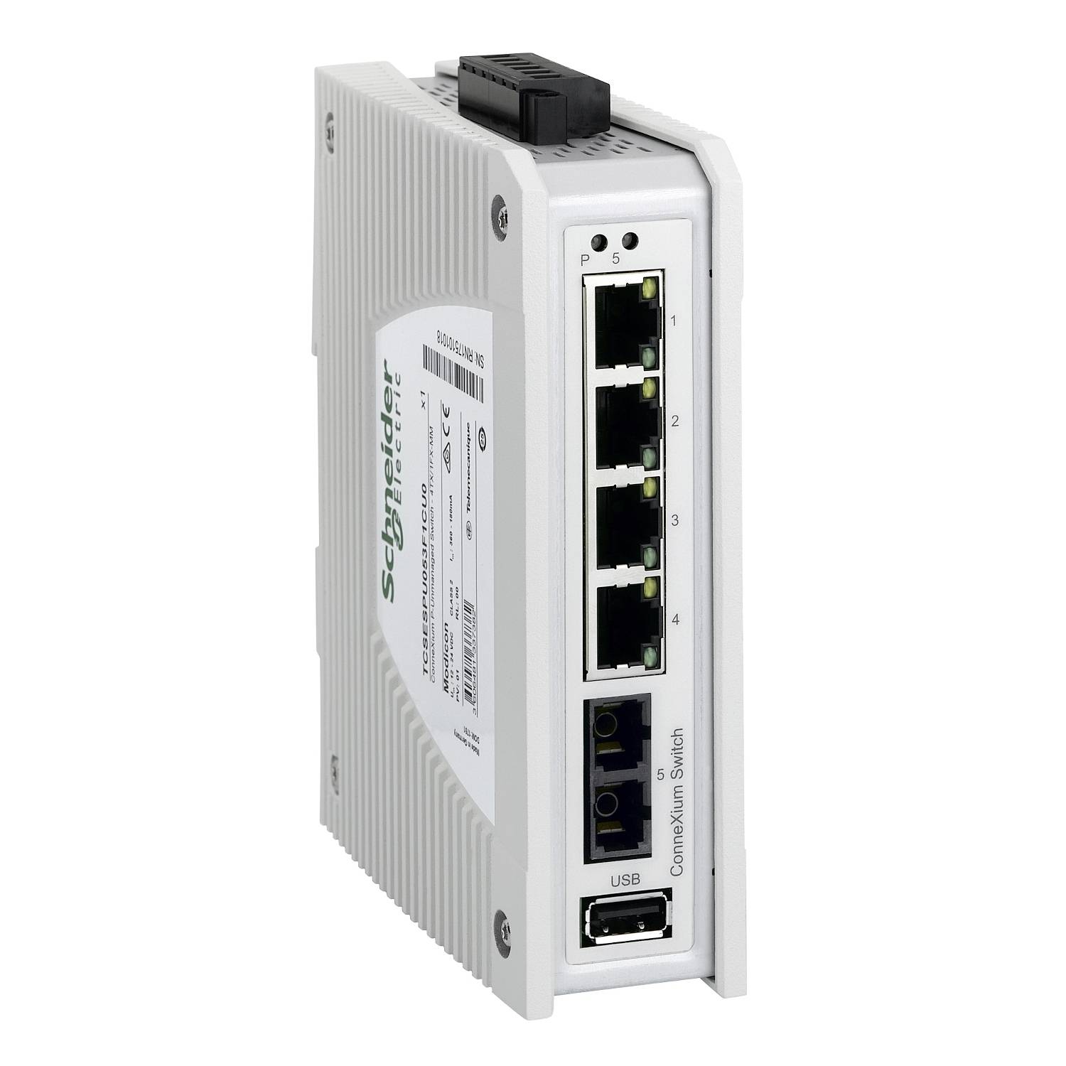 Ein weißer Netzwerk-Switch von Schneider Electric mit fünf Ethernet-Ports, USB-Anschluss und Statusanzeigen. Geeignet für industrielle Anwendungen.