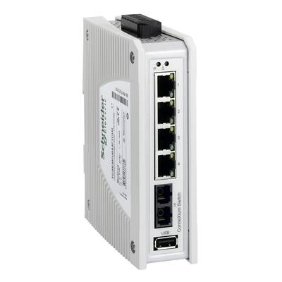 Ein weißer Netzwerk-Switch von Schneider Electric mit fünf Ethernet-Ports, USB-Anschluss und Statusanzeigen. Geeignet für industrielle Anwendungen.