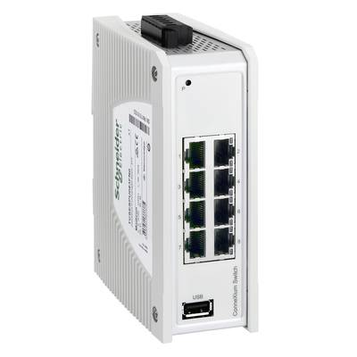 Ein weißer Industrieschalter mit fünf Ethernet-Ports und einem USB-Anschluss auf der Vorderseite, Markenlogo linksseitig.