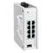 Ein weißer Industrieschalter mit fünf Ethernet-Ports und einem USB-Anschluss auf der Vorderseite, Markenlogo linksseitig.