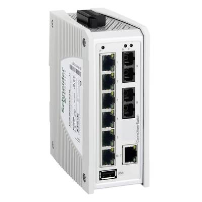 Ein industrieller Netzwerk-Switch der Marke Schneider Electric mit mehreren Ethernet-Ports und USB-Anschluss.