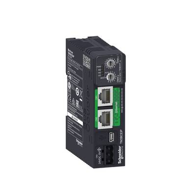 Das Bild zeigt ein elektronisches Gerät mit zwei Ethernet-Anschlüssen und zwei Einstellrädern oben, vermutlich ein Netzwerkmodul.