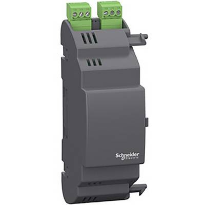 Elektrisches Gerät-Modul in dunkler Farbe mit Markenlogo. Oben zwei grüne Anschlussklemmen sichtbar.