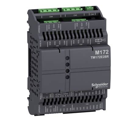Ein schwarzes, rechteckiges elektronisches Steuergerät der Marke Schneider Electric, Modell TM172E28R, mit mehreren Anschlüssen oben.