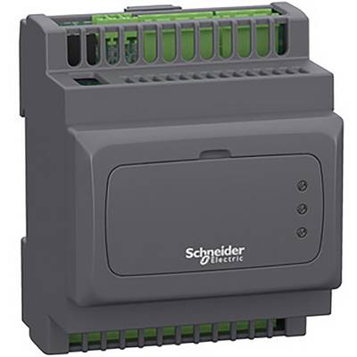 Ein graues industrielles Steuergerät mit Anschlüssen und dem Logo von Schneider Electric. Es hat eine rechteckige Frontabdeckung.