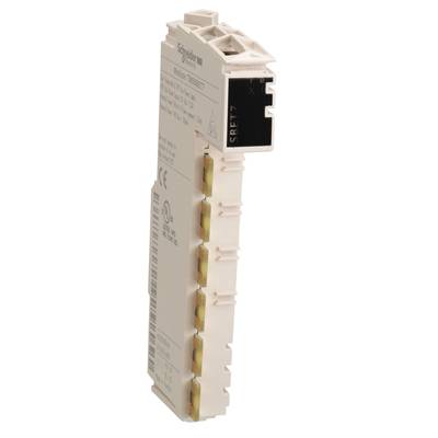 Schaltermodul in vertikaler Position; Herstelleraufdruck 'Schneider Electric', vier vergoldete Kontakte gut sichtbar auf der linken Seite.