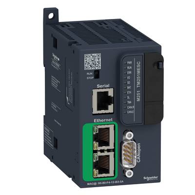 Industrie-Steuerungsmodul mit Ethernet- und Seriellen-Anschlüssen, Beschriftung 'CANopen', von Schneider Electric.