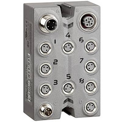 Metallische Steckereinheit mit mehreren runden Anschlüssen, nummeriert von 1 bis 8. Eingänge A bis D sind markiert.
