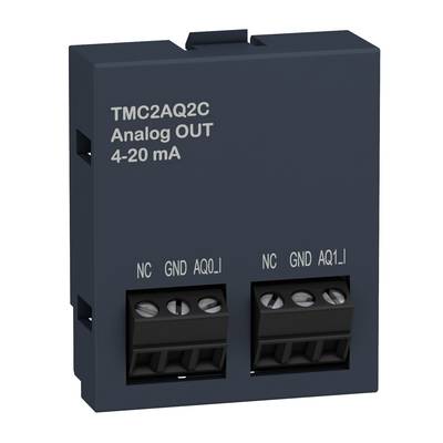 'Schwarzes analoges Ausgangsmodul, gekennzeichnet mit TMC2AQ2C, für 4-20 mA. Beschriftungen: NC, GND, AQ0.1, AQ1.1.'