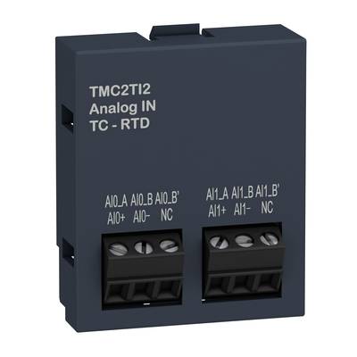 Elektronisches Modul mit der Aufschrift 'TMC2TI2 Analog IN TC - RTD', zeigt Anschlüsse für analoge Eingaben, z.B. AI0+, AI0-, AI1+.