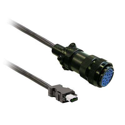 Schwarzes Verbindungskabel mit rundem mehrpoligem Stecker und einem rechteckigen Adapterstecker; geeignet für Elektronikgeräte.