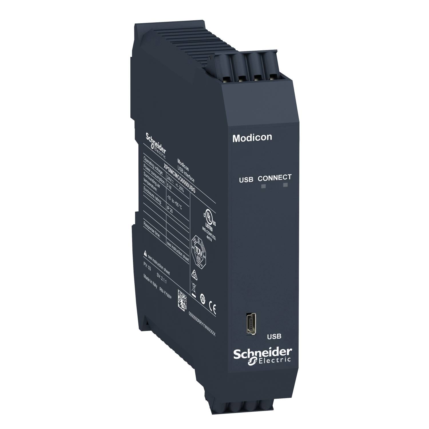 Schwarzes Modicon-Gerät von Schneider Electric mit USB-Anschluss und sichtbarer Beschriftung.