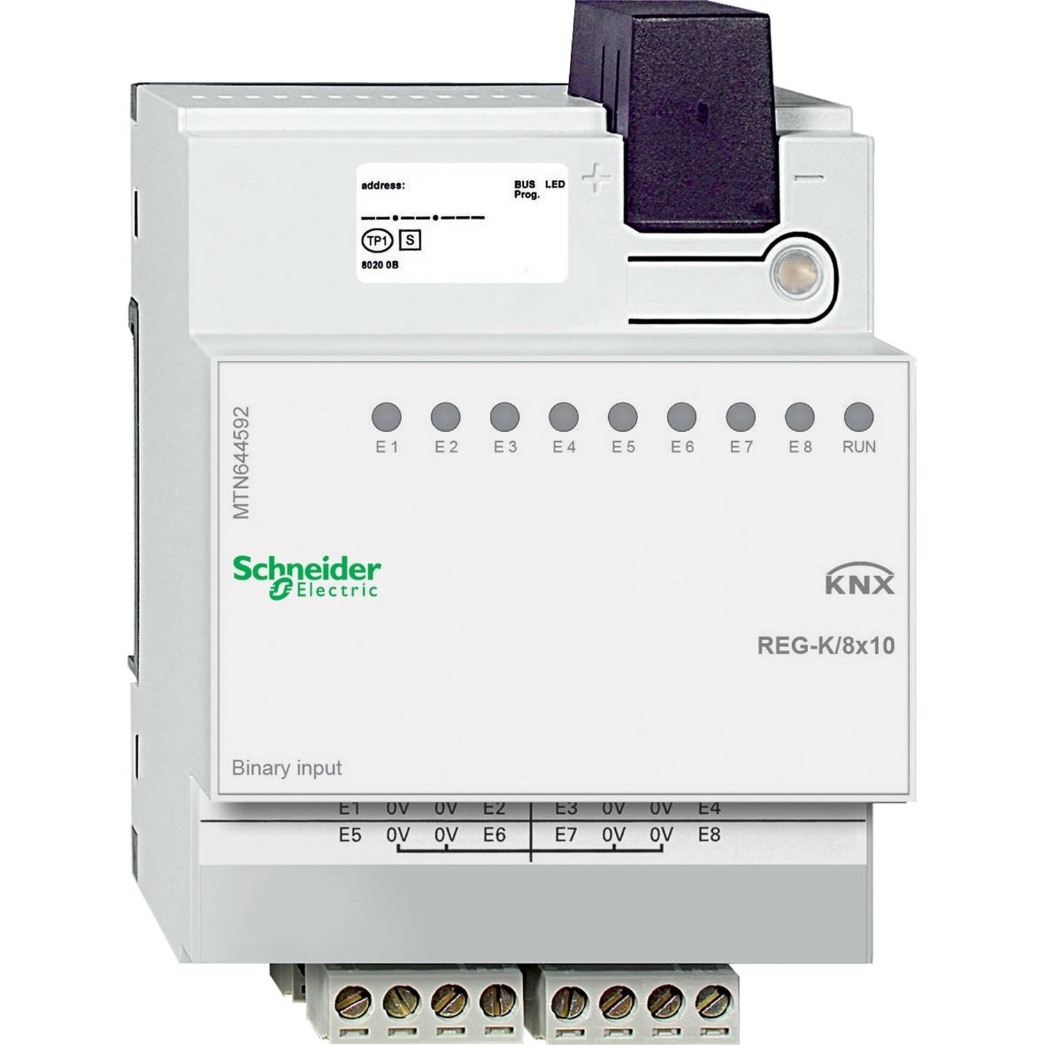Ein KNX-Binäreingangsmodul von Schneider Electric mit 8 Eingängen, Modellnummer MTN645292, zur Integration in Gebäudeautomationssysteme.