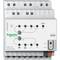 Gerät der Marke Schneider Electric, Modell KNX Fan Coil Actuator. Zeigt Anschlüsse, Tasten, LEDs und technische Angaben auf der Vorderseite.