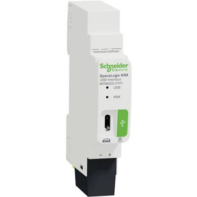 'SpaceLogic KNX USB-Interface von Schneider Electric, Modell MTN6502-0101, zeigt USB- und KNX-Anschlüsse auf Vorderseite.'
