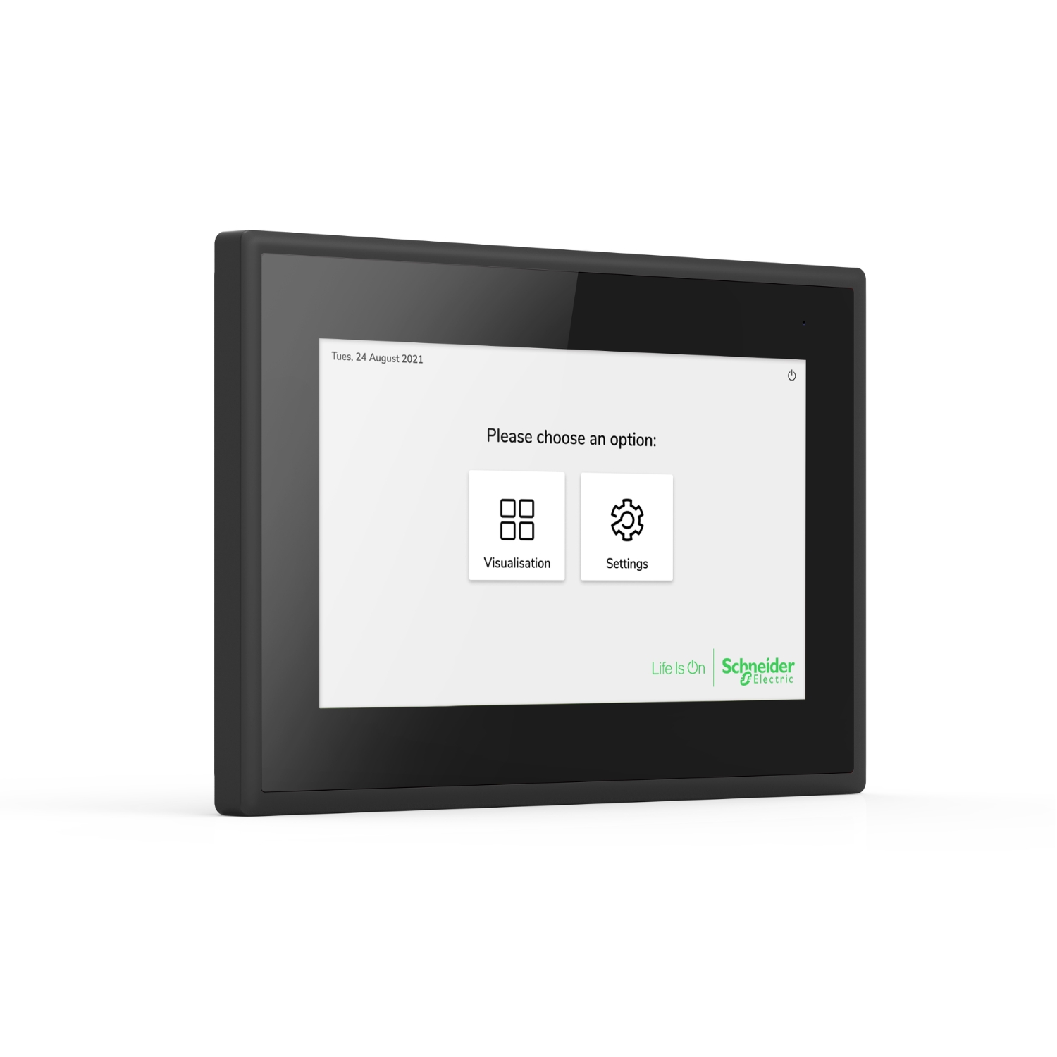 Touchscreen-Display zeigt zwei Optionen: 'Visualisation' und 'Settings', mit Datum oben links. Schneider Electric-Logo unten rechts.
