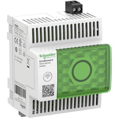 Ein EcoStruxure Panel Server von Schneider Electric, Modell PAS600, mit grüner LED-Anzeige und diversen Anschlüssen für Strommanagement.