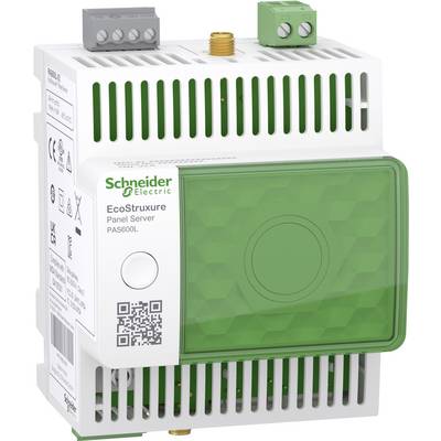 Schneider Electric EcoStruxure Panel Server Gerät mit grüner Frontblende, Anschlussklemmen und QR-Code auf der Frontplatte.