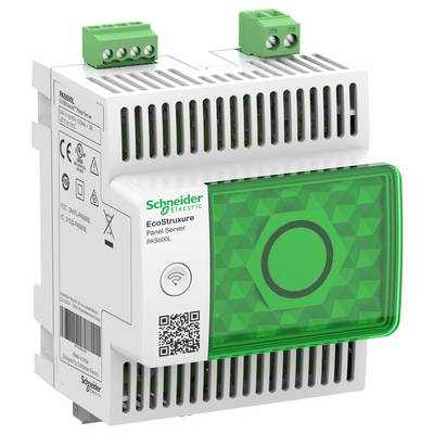 Schneider Electric EcoStruxure Panel Server Gerät mit grünem Status-Panel und QR-Code, dargestellt im Produktverpackungsstil