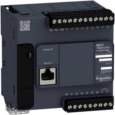Industriegerät von Schneider Electric, Modell M221, mit verschiedenen Anschlussmöglichkeiten für analoge und serielle Verbindungen.