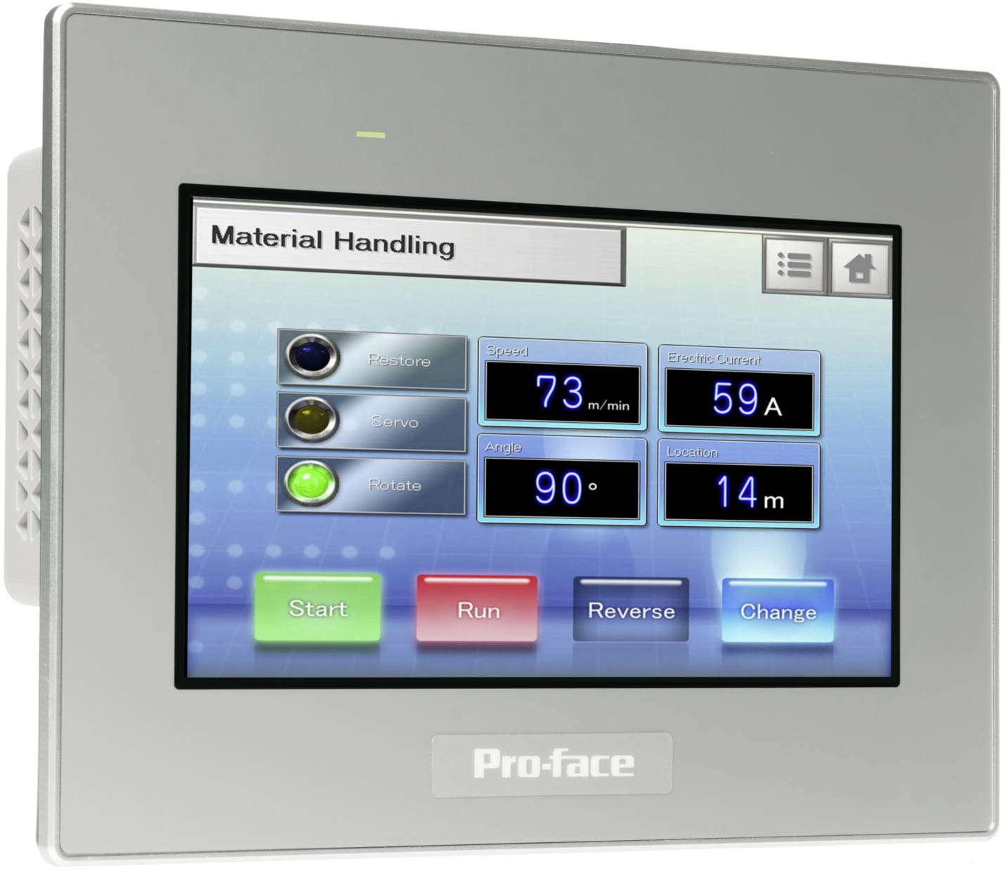 Ein Touchscreen-Display zeigt 'Material Handling' mit Anzeigen für Geschwindigkeit (73 m/min), Strom (59 A), Winkel (90°), Abstand (14 m), und Knöpfen für Start, Run, Reverse, Change.