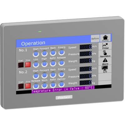 Touchscreen-Bedienfeld mit zwei Betriebsmodi. Zeigt Steueroptionen wie Start, Stop und Einstellungen für Druck und Geschwindigkeit. Warnung: 'Temperature Error (A Valve: 60°C)'.