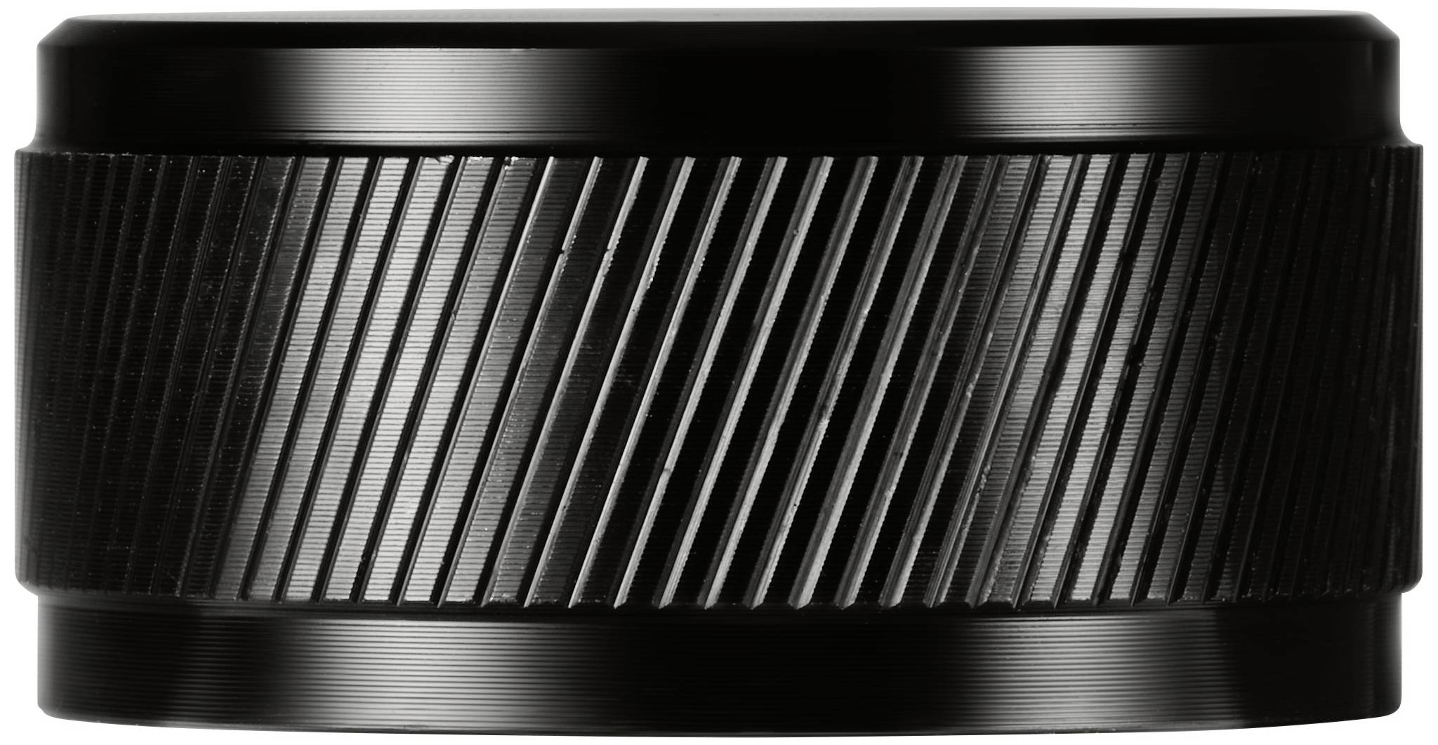 Ein schwarzer, zylindrischer Knopf mit diagonalen Rillen für besseren Halt. Verwendung unbekannt, möglicherweise für Maschinen oder Geräte.