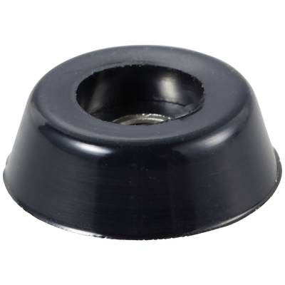 Ein schwarzer, runder Türstopper aus Gummi mit zentralem Loch, vor weißem Hintergrund.