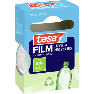 Rolle tesa film Crystal Recycled Klebeband mit 90% recyceltem Material in der Verpackung, mit illustrierter Flasche und Recycling-Symbol.