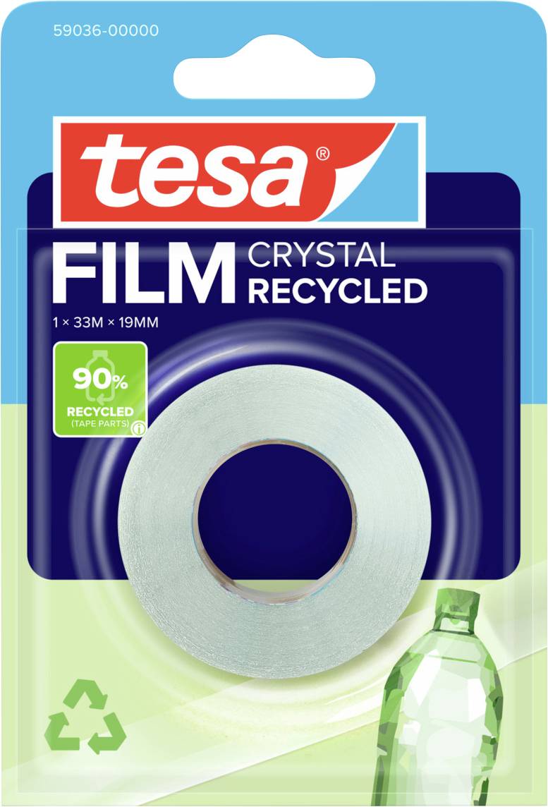 Verpackung von "tesa" Kristall-Recycling-Klebeband, zeigt eine Rolle Klebeband, Recycling-Logo und ein Bild einer Plastikflasche, das angibt, dass 90% recycelte Materialien enthalten sind.