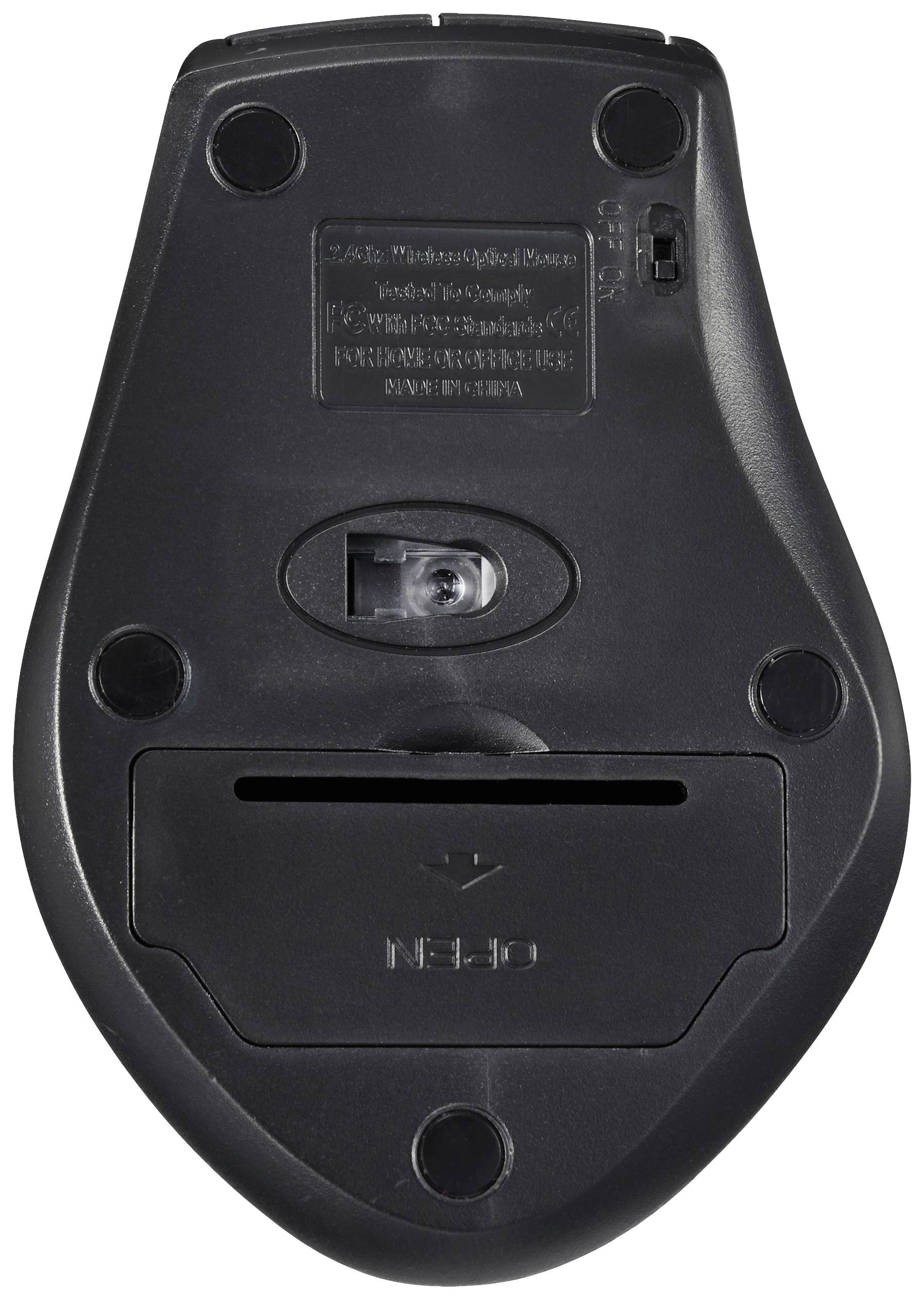 Untersicht einer schwarzen Computermaus mit Batteriefach, optischem Sensor und Ein-/Ausschalter.