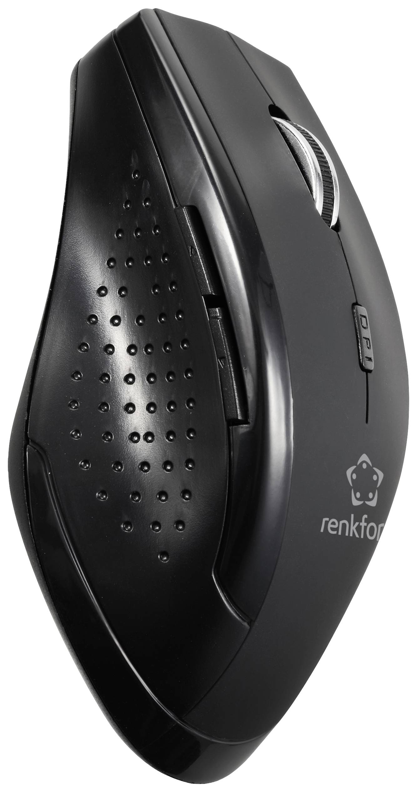 Kabellose schwarze ergonomische Computermaus mit seitlichen Tasten und einem silbernen Scrollrad, geeignet für komfortables Arbeiten.