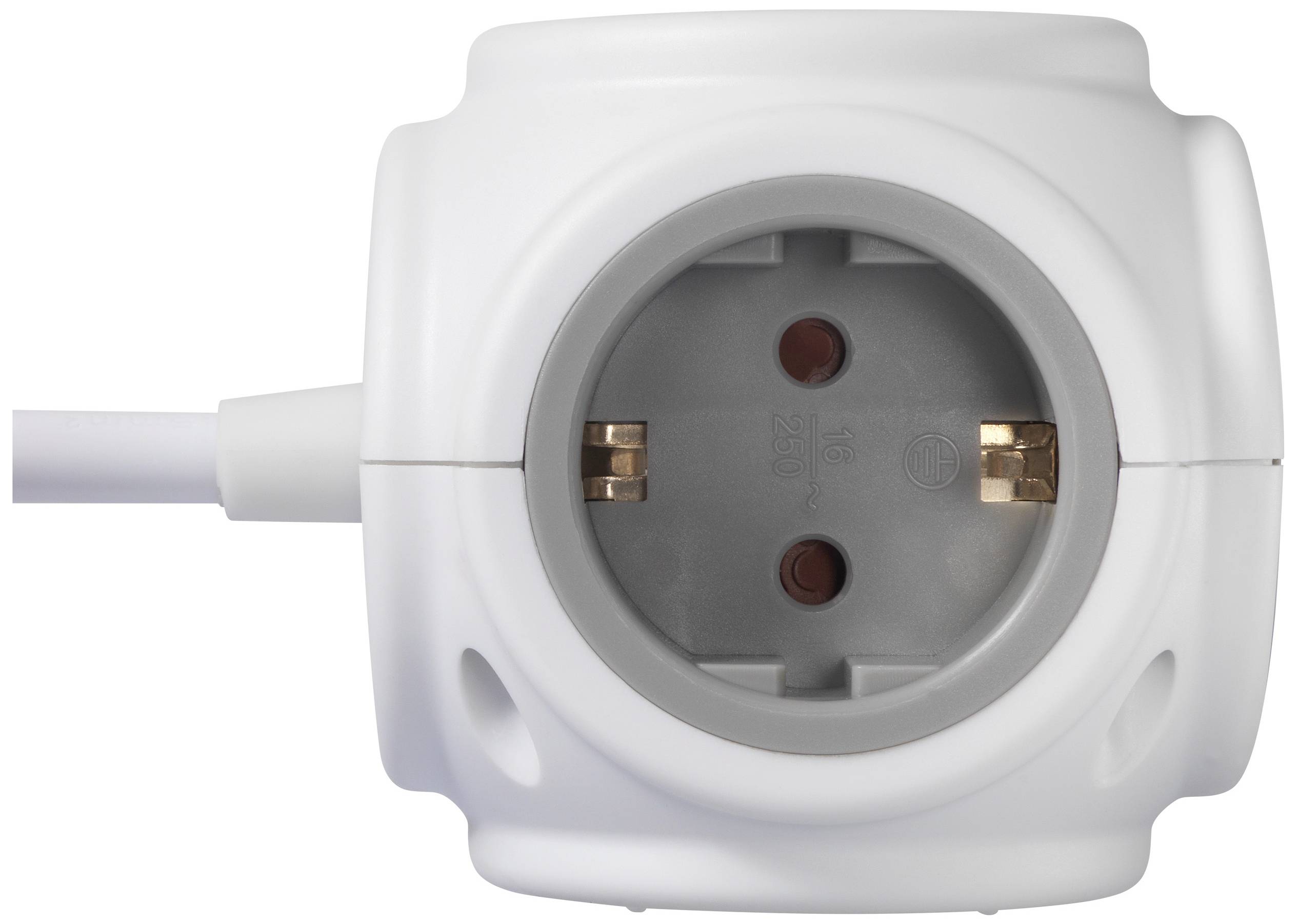 Weiße Mehrfachsteckdose mit grauem Kern und zwei Steckplätzen; für den Anschluss mehrerer Elektrogeräte geeignet.