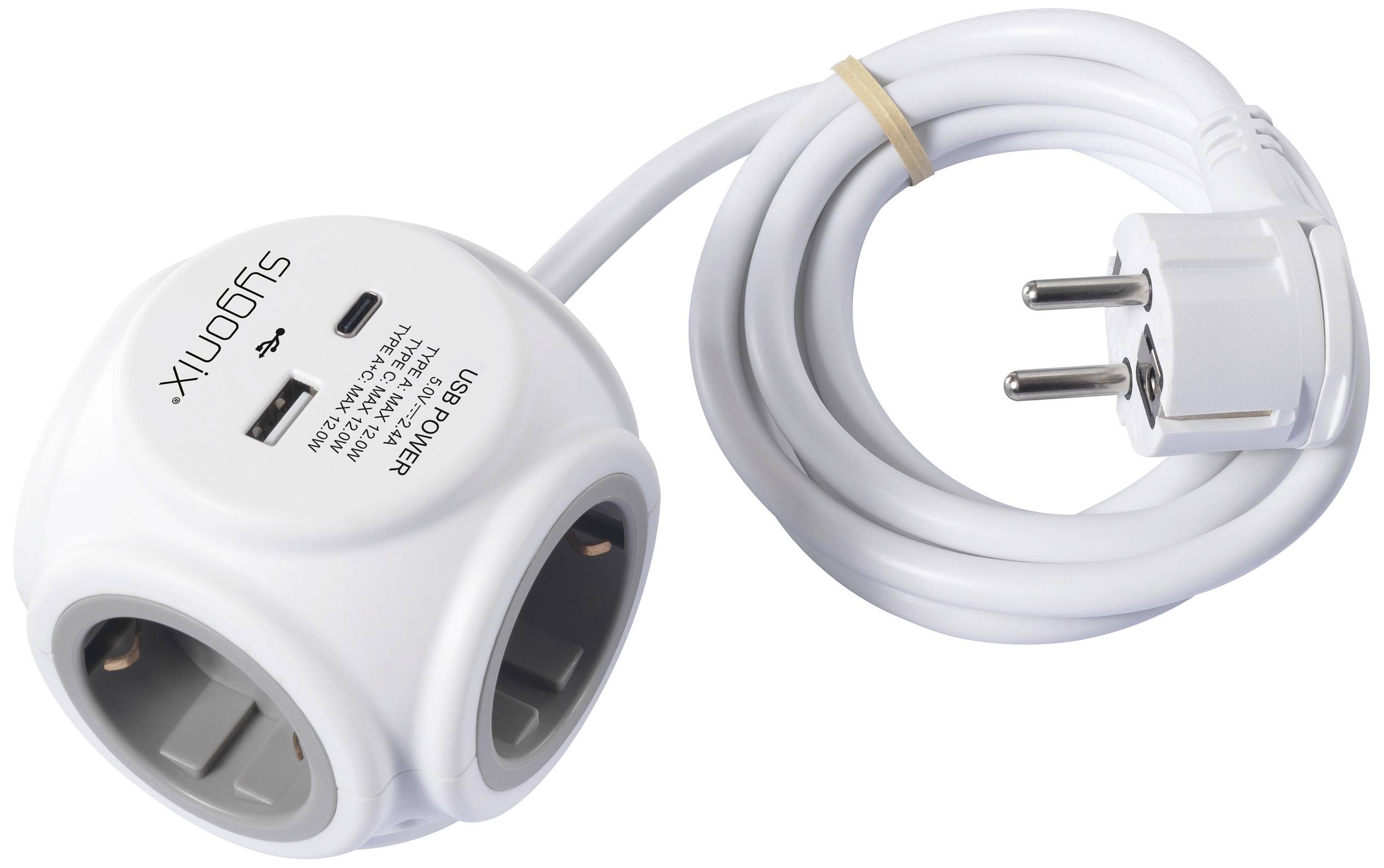 Diese weiße Mehrfachsteckdose mit zwei USB-Anschlüssen und einem runden Design hat ein langes Kabel mit einem Schuko-Stecker.