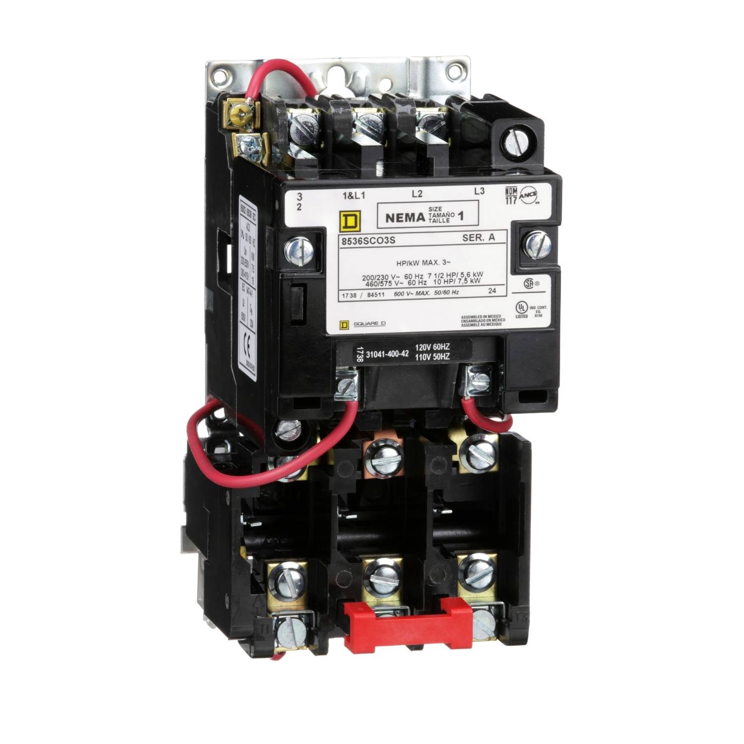 Ein elektrischer Schütz mit offenen Anschlüssen und roten Kabeln, geeignet für industrielle Anwendungen, zeigt ein Firmenlogo und technische Spezifikationen.
