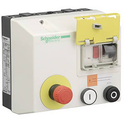Ein industrieller Schalterkasten mit Not-Aus-Taste, Schalterhebel und Beschriftung von 'Schneider Electric'.